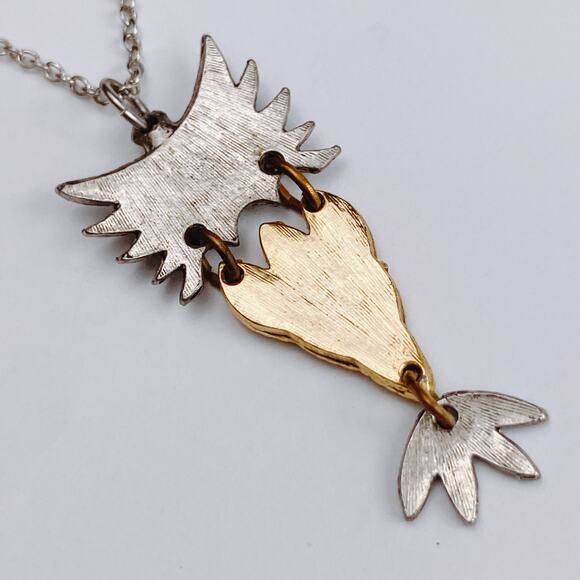 VTG Mid Century Owl Pendant Necklace Red Cabochon Eyes Mixed Metal 1970s - Picture 8 of 8